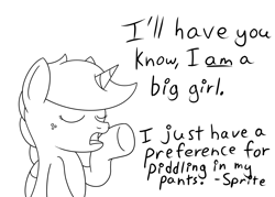 Size: 1400x1000 | Tagged: safe, artist:spritepony, oc, oc only, oc:sprite, species:alicorn, species:pony, alicorn oc, blatant lies, denial, freckles, frown, implied watersports, monochrome, open mouth, sketch, solo, speech