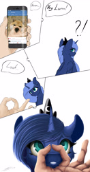Size: 2500x4750 | Tagged: safe, artist:skitsroom, character:princess luna, species:alicorn, species:dog, species:pony, behaving like a dog, cellphone, cute, cyrillic, female, hand, heart eyes, looking at you, looking back, lunabetes, mare, phone, russian, simple background, smiling, white background, wingding eyes