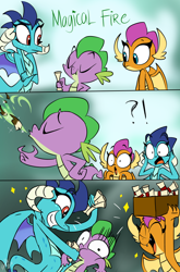 Size: 800x1214 | Tagged: safe, artist:emositecc, character:princess ember, character:smolder, character:spike, species:dragon, episode:school daze, g4, my little pony: friendship is magic, abuse, box, comic, dragon mail, dragoness, female, fire, force feeding, green fire, letter, magic, possible rape, scroll, smiling, spikeabuse, starry eyes, surprised, swag, this will end in tears and/or death and/or a huge pile of scrolls, wingding eyes