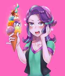 Size: 800x941 | Tagged: safe, artist:tzc, character:starlight glimmer, equestria girls:mirror magic, g4, my little pony: equestria girls, my little pony:equestria girls, spoiler:eqg specials, beanie, blushing, breasts, cleavage, clothing, cute, cutie mark, dessert, female, food, gasp, glimmerbetes, hat, ice cream, implied mane seven, nail polish, pink background, simple background, solo, sparkles, that human sure does love ice cream, vest