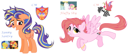 Size: 2838x1238 | Tagged: safe, artist:velveagicsentryyt, character:bulk biceps, character:flash sentry, character:fluttershy, character:sunset shimmer, oc, oc:fluffy shy, oc:sunny sentry, parent:bulk biceps, parent:flash sentry, parent:fluttershy, parent:sunset shimmer, parents:flashimmer, parents:flutterbulk, species:pegasus, species:pony, female, mare, offspring, simple background, transparent background