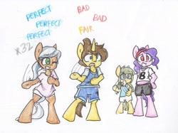 Size: 1824x1364 | Tagged: safe, artist:spheedc, oc, oc:bolly, oc:dream chaser, oc:sphee, oc:velvet sky, species:earth pony, species:pony, species:unicorn, bipedal, clothing, combo, dancing, female, glasses, male, mare, one eye closed, semi-anthro, simple background, stallion, traditional art, white background, wink