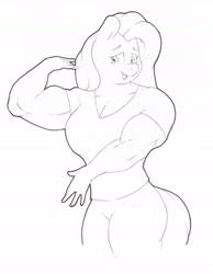 Size: 1280x1647 | Tagged: safe, artist:zacharyisaacs, character:fluttershy, species:anthro, species:pegasus, species:pony, biceps, blushing, breasts, busty fluttershy, clothing, female, flexing, mare, monochrome, muscles, muscleshy, pants, shirt, simple background, solo, tumblr comic, white background