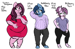 Size: 5416x3500 | Tagged: safe, artist:mulberrytarthorse, oc, oc only, oc:huckleberry bleu, oc:mulberry tart, oc:southern smorgasbord, species:anthro, bhm, bleuberry, chubby, clothing, couple, dress, fat, female, male, mother and daughter, tongue out