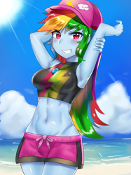 Size: 800x1067 | Tagged: safe, artist:tzc, character:rainbow dash, equestria girls:forgotten friendship, g4, my little pony: equestria girls, my little pony:equestria girls, abs, adorasexy, armpits, beach, belly button, board shorts, breasts, busty rainbow dash, cap, clothing, crepuscular rays, cute, dashabetes, female, hat, looking at you, midriff, ocean, sand, sexy, shorts, smiling, solo, swimsuit