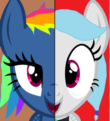 Size: 985x1079 | Tagged: safe, artist:nightshadowmlp, base used, character:evil pie hater dash, character:rainbow dash, oc, oc:snowfall wind, episode:secrets and pies, episode:spice up your life, g4, my little pony: friendship is magic, adorapiehater, cute, disguise and real form, duality, duo, duo female, female, it's gonna work, jewelry, necklace, ocbetes, sisters, split screen, two sided posters