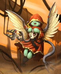 Size: 1633x1972 | Tagged: safe, artist:otakuap, oc, oc only, species:pegasus, species:pony, adeptus mechanicus, cloak, clothing, crossover, cyborg, female, flying, mare, servo skull, skull, smiling, solo, spread wings, warhammer (game), warhammer 40k, wings