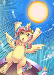 Size: 800x1100 | Tagged: safe, artist:tzc, character:fluttershy, character:princess celestia, species:alicorn, species:pegasus, species:pony, episode:horse play, g4, my little pony: friendship is magic, blushing, clothing, cosplay, costume, crown, cute, dragon ball z, fake horn, female, glowing horn, jewelry, mare, otakushy, regalia, shyabetes, shylestia, sky, spirit bomb, stifling laughter, sun