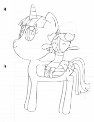 Size: 587x758 | Tagged: safe, artist:nightshadowmlp, character:twilight sparkle, character:twilight sparkle (alicorn), species:alicorn, species:pony, bubbles (powerpuff girls), grayscale, lined paper, monochrome, smiling, tara strong, the powerpuff girls, traditional art, voice actor joke
