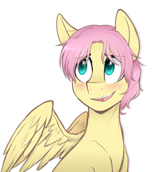 Size: 1490x1530 | Tagged: safe, artist:higgly-chan, character:fluttershy, species:pegasus, species:pony, g4, adorascotch, blushing, bust, butterscotch, cute, looking away, looking up, male, open mouth, portrait, rule 63, rule63betes, shyabetes, simple background, smiling, solo, spread wings, stallion, white background, wings