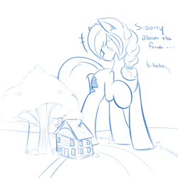 Size: 1280x1280 | Tagged: safe, artist:mrrowboat, oc, oc only, oc:sequoia, species:pony, 4chan, dialogue, female, giant pony, house, macro, monochrome, open mouth, size difference, sketch, tree