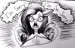 Size: 3991x2532 | Tagged: safe, artist:smirk, character:fluttershy, dialogue, dissolving classroom, female, hooves together, junji ito, monochrome, panel, solo, this will end in death, traditional art
