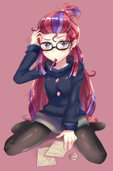 Size: 725x1100 | Tagged: safe, artist:tzc, character:moondancer, species:human, my little pony:equestria girls, anime, clothing, equestria girls-ified, female, glasses, human coloration, humanized, looking at you, pantyhose, paper, pencil, simple background, solo, sweater