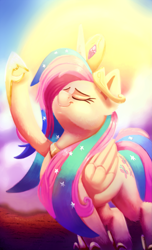 Size: 1217x2000 | Tagged: safe, artist:discorded, character:fluttershy, species:pegasus, species:pony, episode:horse play, g4, my little pony: friendship is magic, cosplay, costume, crown, cute, eyes closed, fake horn, female, jewelry, regalia, shyabetes, shylestia, solo