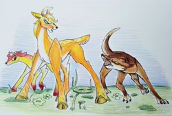 Size: 4032x2725 | Tagged: safe, artist:smirk, character:apple bloom, character:applejack, species:deer, species:wolf, cloven hooves, colored hooves, cowering, deerified, doe, fawn, growling, my little cervine, protecting, species swap, traditional art