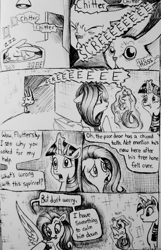 Size: 1288x1995 | Tagged: safe, artist:smirk, character:angel bunny, character:fluttershy, character:twilight sparkle, angry, comic, dialogue, eeee, ink, monochrome, nap, screech, skree, squirrel, traditional art
