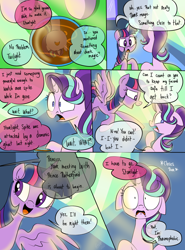 Size: 900x1214 | Tagged: safe, artist:emositecc, character:starlight glimmer, character:twilight sparkle, character:twilight sparkle (alicorn), species:alicorn, species:pony, species:unicorn, comic:empty halls, coffee, comic, dialogue, duo, fear of ghosts, female, floppy ears, grimdark series, mare, offscreen character, phasmophobia