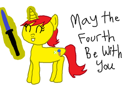 Size: 728x498 | Tagged: safe, artist:nightshadowmlp, oc, oc only, oc:game point, species:pony, species:unicorn, crossover, glowing horn, lightsaber, may the fourth be with you, star wars, weapon