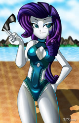 Size: 800x1248 | Tagged: safe, artist:xjkenny, character:rarity, my little pony:equestria girls, beach, boob window, breasts, busty rarity, clothing, crepuscular rays, ocean, one-piece swimsuit, sand, swimsuit