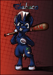 Size: 905x1280 | Tagged: safe, artist:cafecomponeis, derpibooru original, oc, oc only, oc:shabaco, species:pony, species:unicorn, abstract background, baseball bat, ear fluff, fluffy, signature, simple background, solo, standing up, underhoof