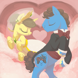 Size: 1259x1258 | Tagged: safe, artist:needsmoarg4, oc, oc only, species:earth pony, species:pony, species:unicorn, clothing, eyes closed, female, male, mare, rearing, smiling, stallion, valentine