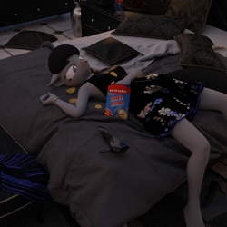 Size: 2000x2000 | Tagged: safe, artist:tahublade7, character:octavia melody, species:anthro, species:plantigrade anthro, 3d, alcohol, armpits, barefoot, bed, bored, bracelet, chips, daz studio, eating, feet, female, food, glass, graceful, high heels, jewelry, majestic as fuck, nail polish, not sfm, pillow, potato chips, shoes, solo, tired, wine, wine glass