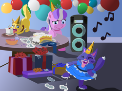 Size: 2000x1493 | Tagged: safe, artist:magerblutooth, character:diamond tiara, oc, oc:dazzle, oc:peal, species:earth pony, species:pony, comic:diamond and dazzle, balloon, birthday cake, birthday party, bowl, cake, cat, clothing, dress, food, hat, party, party hat, plate, present, speakers, table