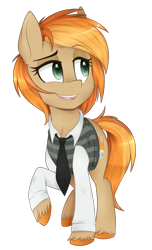 Size: 668x1100 | Tagged: safe, artist:higgly-chan, oc, oc:parlay, species:pony, clothing, cloven hooves, female, necktie, open mouth, raised hoof, simple background, solo, transparent background, unshorn fetlocks, vest