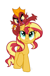 Size: 800x1214 | Tagged: safe, artist:emositecc, character:garble, character:sunset shimmer, species:dragon, species:pony, species:unicorn, alternate universe, dragons riding ponies, duo, female, male, mare, riding, simple background, transparent background