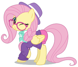 Size: 5000x4304 | Tagged: safe, artist:dragonchaser123, character:fluttershy, species:pony, episode:fake it 'til you make it, absurd resolution, alternate hairstyle, clothing, cute, female, glasses, hipster, hipstershy, hot pants, mare, one eye closed, shyabetes, simple background, solo, transparent background, wink
