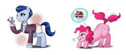 Size: 800x356 | Tagged: safe, artist:tzc, character:ever essence, character:pinkie pie, species:pony, episode:the parent map, g4, background pony, behaving like a dog, female, imminent pounce, perfume, puppy pie, simple background, smiling