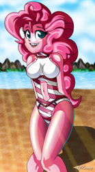 Size: 800x1440 | Tagged: safe, artist:xjkenny, character:pinkie pie, my little pony:equestria girls, beach, clothing, female, navel cutout, one-piece swimsuit, solo, swimsuit