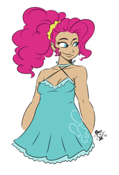 Size: 1264x1844 | Tagged: safe, artist:ponut_joe, character:pinkie pie, species:human, alternate hairstyle, breasts, cleavage, clothing, dress, female, humanized, plump, ponytail, simple background, smiling, solo, white background