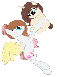 Size: 614x828 | Tagged: safe, artist:cindydreamlight, oc, oc only, oc:annabelle, oc:roxy, species:pegasus, species:pony, species:unicorn, female, filly, holding a pony, mare, mother and daughter, simple background, transparent background