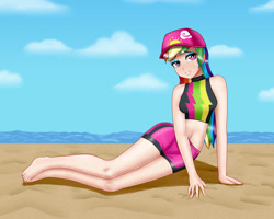 Size: 2000x1600 | Tagged: safe, artist:focusb, character:rainbow dash, species:human, g4, my little pony: equestria girls, my little pony:equestria girls, beach, beach babe, feet, humanized, legs, looking at you, smiling, stupid sexy rainbow dash
