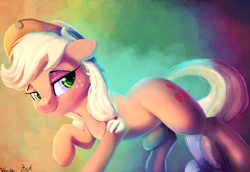 Size: 2000x1377 | Tagged: safe, artist:discorded, artist:vanillaghosties, character:applejack, species:earth pony, species:pony, abstract background, bedroom eyes, clothing, collaboration, cowboy hat, cute, featured on derpibooru, female, floppy ears, freckles, hat, jackabetes, lidded eyes, looking at you, mare, misleading thumbnail, not what it looks like, raised hoof, raised leg, signature, smiling, smirk, smug, smugjack, solo, stetson