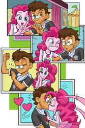 Size: 570x851 | Tagged: safe, artist:art-2u, commissioner:imperfectxiii, character:pinkie pie, oc, oc:copper plume, comic:the copperpie chronicles, g4, my little pony: equestria girls, my little pony:equestria girls, canon x oc, carnival, clothing, comic, copperpie, cute, faec, female, freckles, geode of sugar bombs, glasses, heart, kissing, magical geodes, male, neckerchief, peace sign, photo booth, shirt, silly, skirt, smiling, straight, surprise kiss