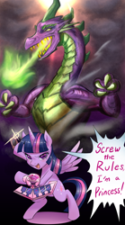 Size: 800x1440 | Tagged: safe, artist:tzc, character:spike, character:twilight sparkle, character:twilight sparkle (alicorn), species:alicorn, species:dragon, species:pony, crossover, duel disk, female, male, mare, yu-gi-oh!, yu-gi-oh! abridged, yugioh abridged
