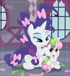 Size: 2300x2500 | Tagged: safe, artist:killryde, character:rarity, character:sweetie belle, species:pony, species:unicorn, episode:sisterhooves social, g4, my little pony: friendship is magic, alternate hairstyle, bow, carousel boutique, duo, female, filly, happy, high res, makeover, mare, scene interpretation, sitting