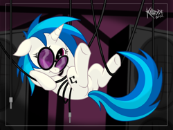 Size: 1632x1224 | Tagged: safe, artist:killryde, character:dj pon-3, character:vinyl scratch, species:pony, species:unicorn, female, floppy ears, mare, scrunchy face, solo, suspended