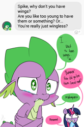 Size: 800x1214 | Tagged: safe, artist:emositecc, character:spike, character:twilight sparkle, character:twilight sparkle (alicorn), species:alicorn, species:dragon, species:pony, comic:sparkle, abuse, alternate eye color, alternate universe, answer, blushing, crying, dialogue, hurting, implied amputation, question, scared, simple background, smiling, spikeabuse, traumatized, troll, twibitch sparkle, white background