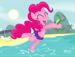 Size: 2880x2200 | Tagged: safe, artist:killryde, character:gummy, character:pinkie pie, species:earth pony, species:pony, beach, bipedal, clothing, cute, eyes closed, female, frilled swimsuit, happy, high res, hoof hold, mare, open mouth, purple swimsuit, running, skirt, smiling, sun, swimsuit, topless, water
