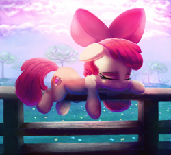 Size: 2000x1804 | Tagged: safe, artist:discorded, character:apple bloom, species:earth pony, species:pony, adorabloom, bow, cute, cutie mark, eyes closed, female, fence, filly, floppy ears, hair bow, prone, sleeping, solo, the cmc's cutie marks