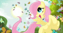 Size: 2300x1200 | Tagged: safe, artist:killryde, character:fluttershy, species:pegasus, species:pony, butterfly, cute, female, hair over one eye, happy, rearing, shyabetes, solo, sun, teenager