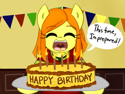 Size: 3200x2400 | Tagged: safe, artist:spheedc, oc, oc:sweet corn, species:earth pony, species:pony, bipedal, birthday, birthday cake, birthday candles, cake, candle, celebration, clothing, dialogue, digital art, eyes closed, female, food, mare, semi-anthro, smiling, solo, speech bubble