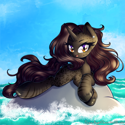 Size: 2000x2000 | Tagged: safe, artist:chaosangeldesu, oc, oc only, oc:neysa, species:pony, species:unicorn, female, high res, lying down, mare, rock, solo, water, ych result