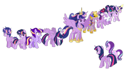 Size: 8136x4752 | Tagged: safe, artist:thecheeseburger, character:starlight glimmer, character:twilight sparkle, character:twilight sparkle (alicorn), character:twilight sparkle (unicorn), oc:dusk shine, species:alicorn, species:pony, species:unicorn, absurd resolution, alternate universe, ethereal mane, evil grin, female, galaxy mane, glowing eyes, glowing horn, grin, mare, multeity, rule 63, simple background, smiling, sparkle sparkle sparkle, spread wings, transparent background, twilight snapple, ultimate twilight, wings
