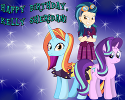 Size: 3312x2640 | Tagged: safe, artist:cyber-murph, character:indigo zap, character:sassy saddles, character:starlight glimmer, equestria girls:friendship games, g4, my little pony: equestria girls, my little pony:equestria girls, clothing, crossed arms, crystal prep academy uniform, ear piercing, earring, goggles, happy birthday, jewelry, kelly sheridan, piercing, school uniform, tribute, voice actor