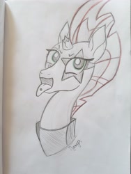 Size: 3024x4032 | Tagged: safe, artist:dyonys, character:tempest shadow, species:pony, broken horn, bust, female, kiss (band), mare, paul stanley, piercing, solo, tongue out, tongue piercing, traditional art