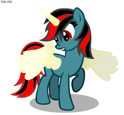 Size: 1726x1599 | Tagged: safe, artist:asika-aida, oc, oc only, oc:firma surge, species:pony, artificial wings, augmented, female, looking down, magic, magic horn, magic wings, mare, not an alicorn, raised hoof, simple background, solo, surprised, transparent background, wings